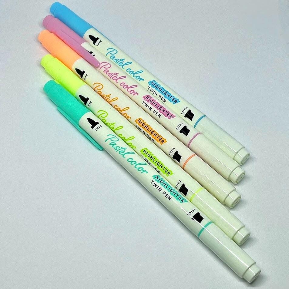 Double Fluorescent Pen Water-based Ink 5pcs Pastel Colors 0.7/3.8mm