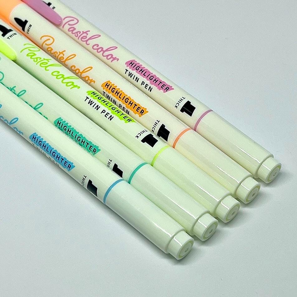 Double Fluorescent Pen Water-based Ink 5pcs Pastel Colors 0.7/3.8mm