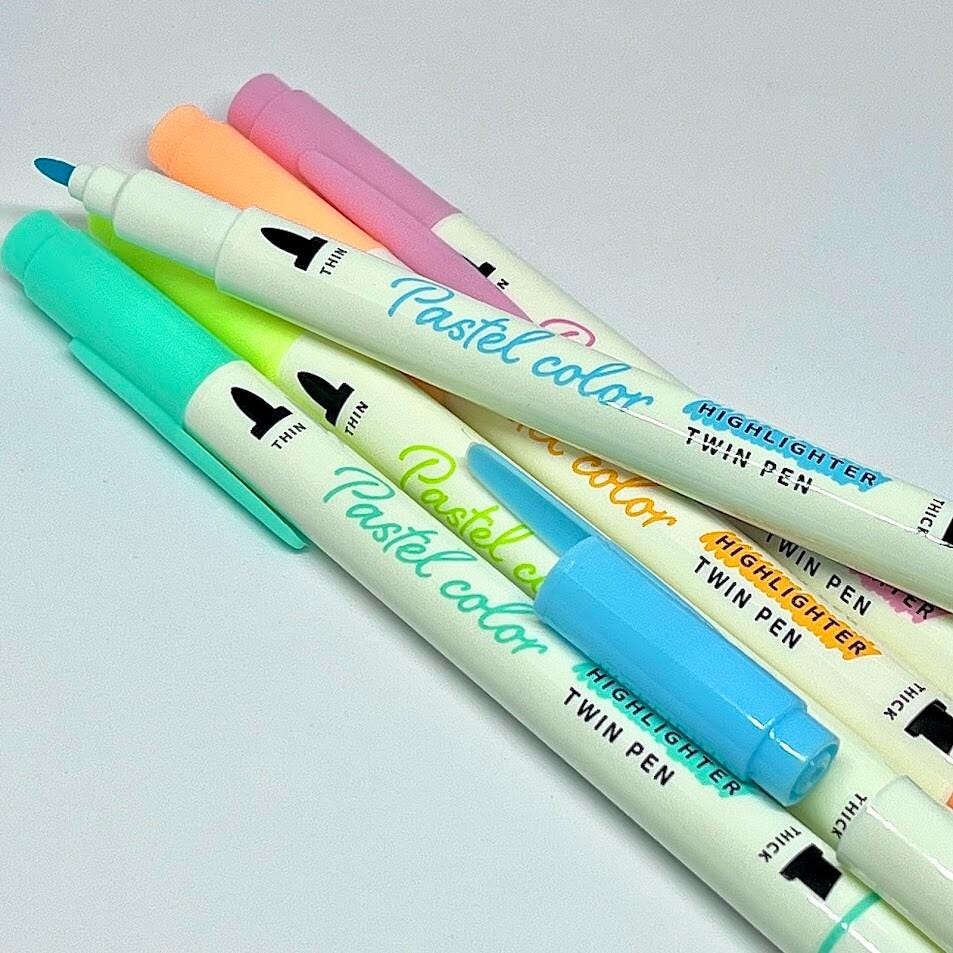 Double Fluorescent Pen Water-based Ink 5pcs Pastel Colors 0.7/3.8mm