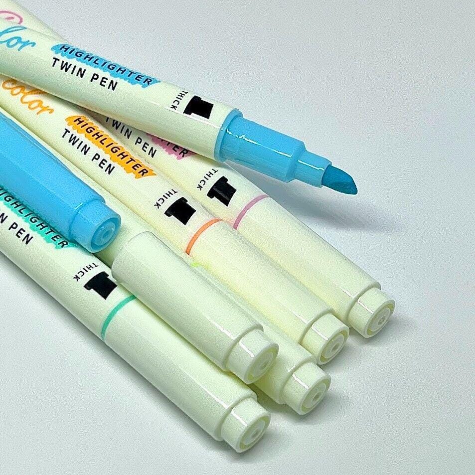Double Fluorescent Pen Water-based Ink 5pcs Pastel Colors 0.7/3.8mm