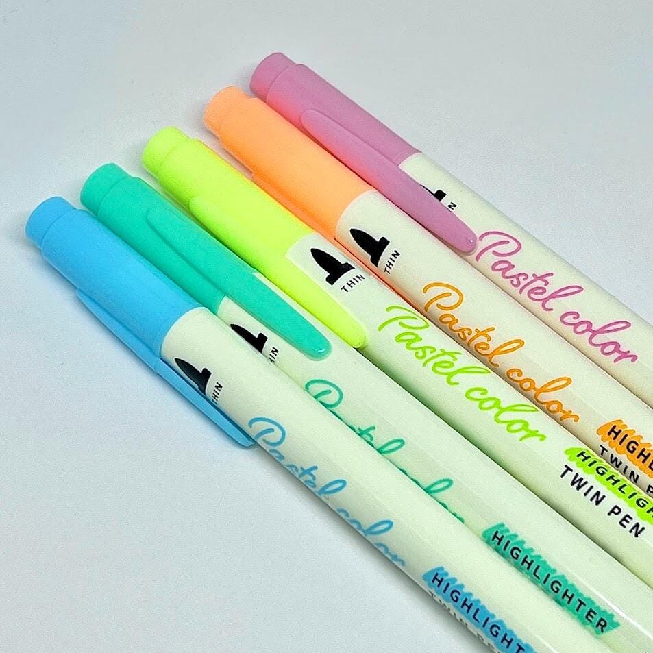 Double Fluorescent Pen Water-based Ink 5pcs Pastel Colors 0.7/3.8mm