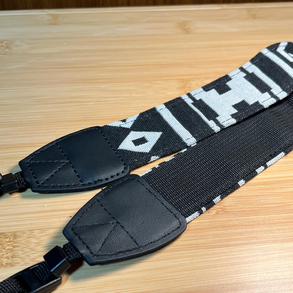 Vintage Cloth Camera Neck Strap | Black & White Avant-Garde Pattern