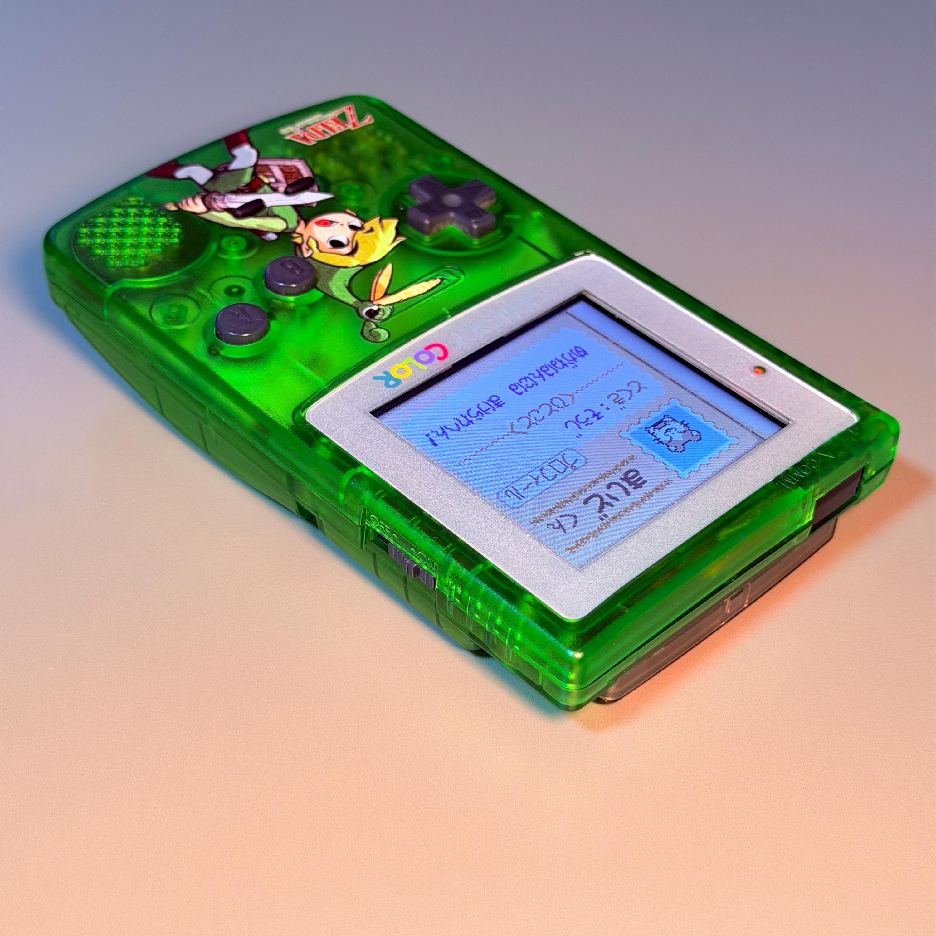 Game Boy Color Console | 2.6" IPS Display | Transparent Green Zelda Shell | Modded