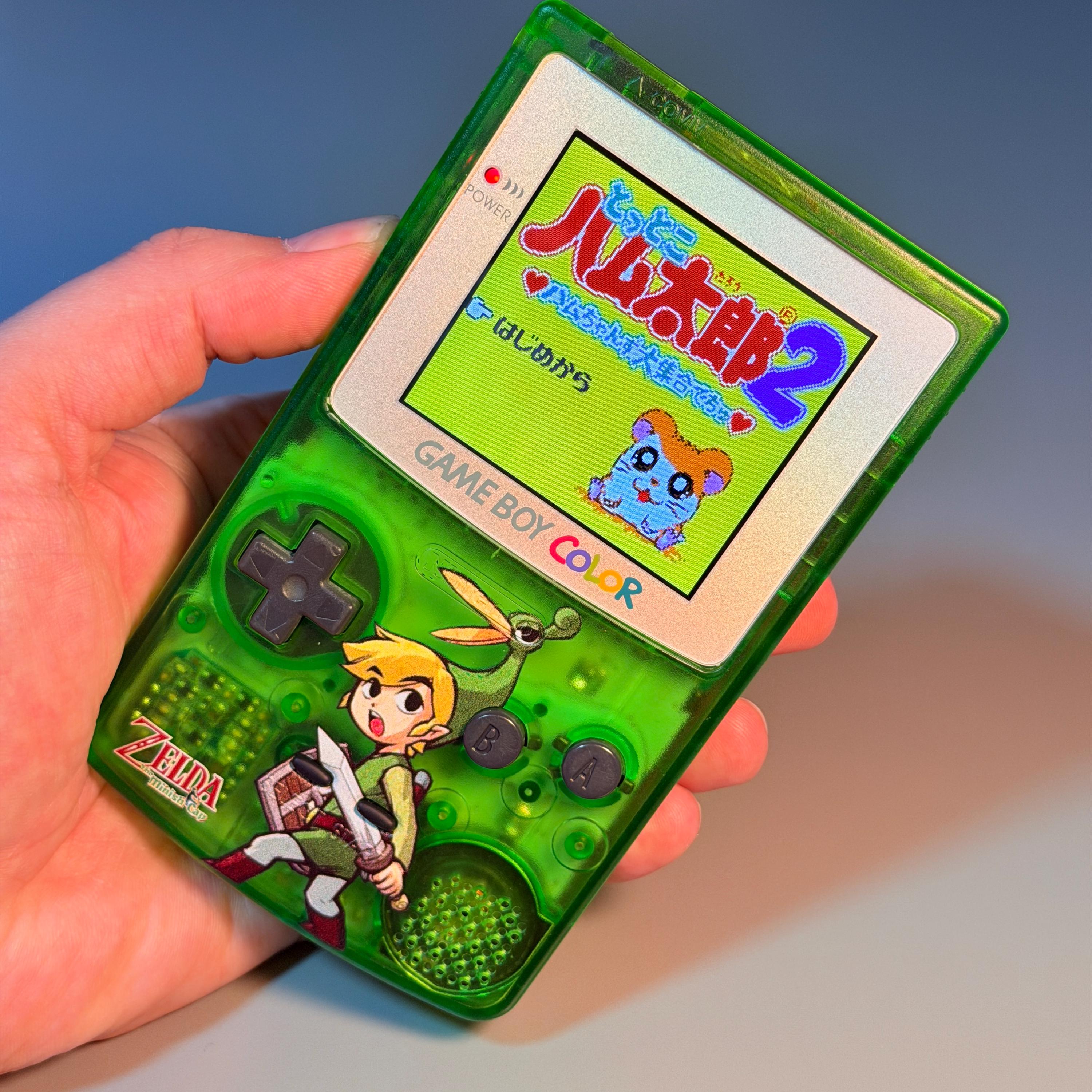Game Boy Color Console | 2.6" IPS Display | Transparent Green Zelda Shell | Modded
