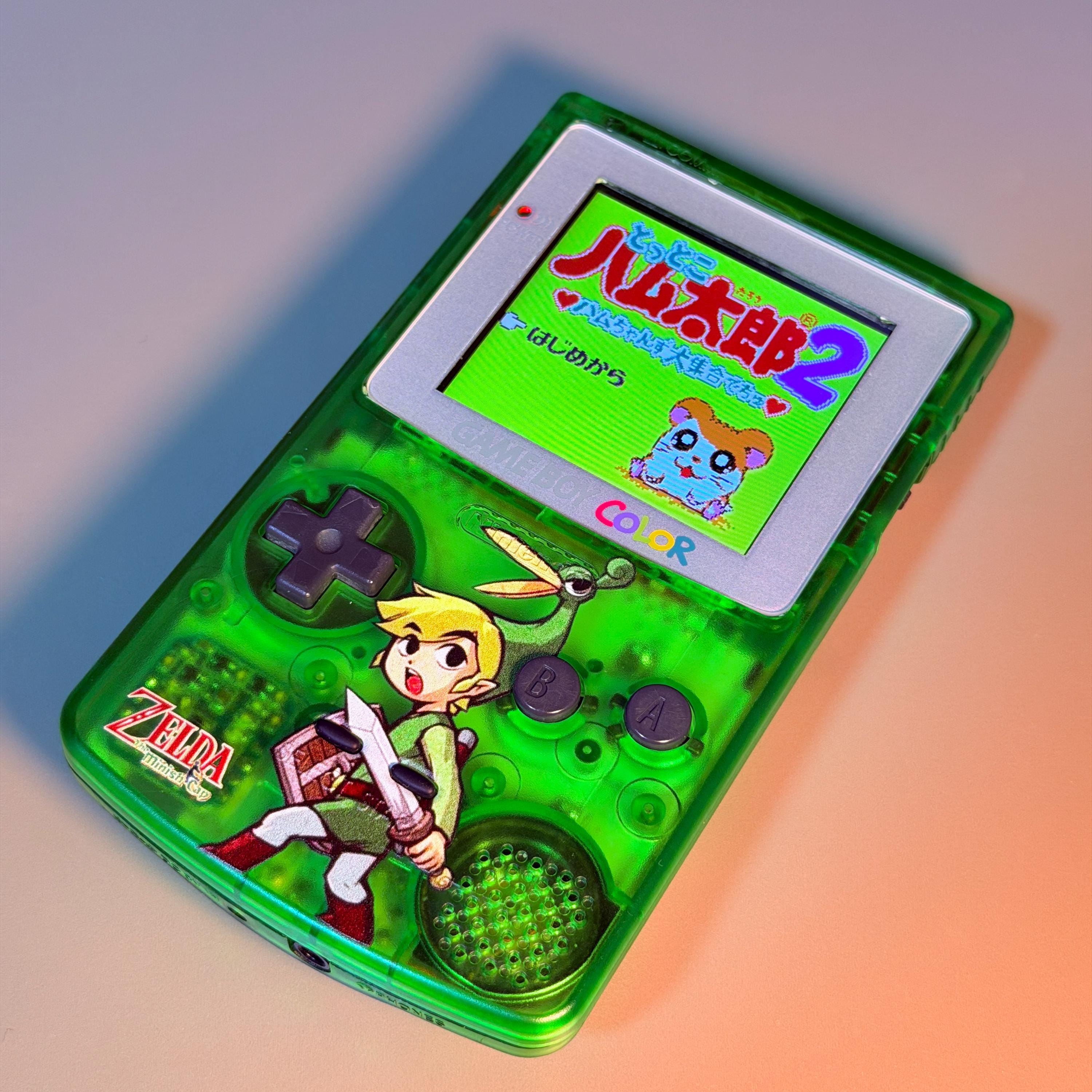 Game Boy Color Console | 2.6" IPS Display | Transparent Green Zelda Shell | Modded