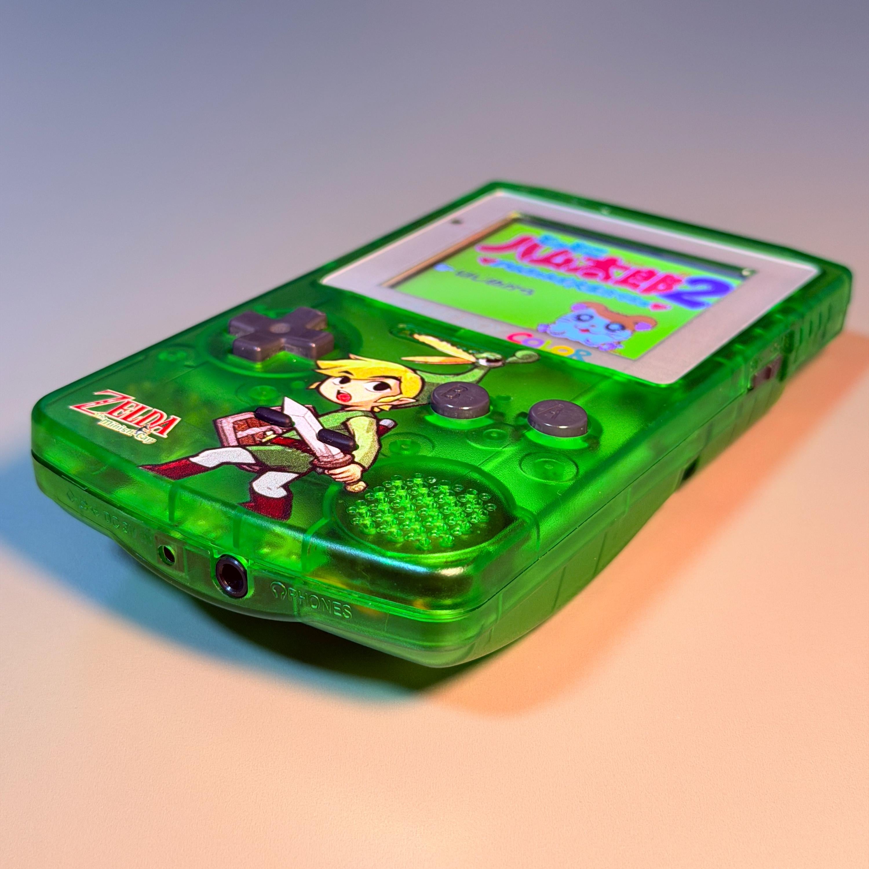 Game Boy Color Console | 2.6" IPS Display | Transparent Green Zelda Shell | Modded