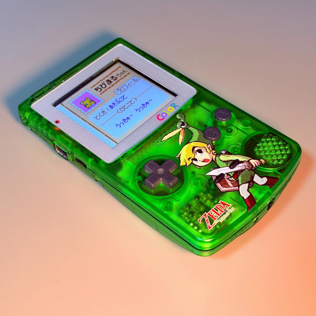Game Boy Color Console | 2.6" IPS Display | Transparent Green Zelda Shell | Modded