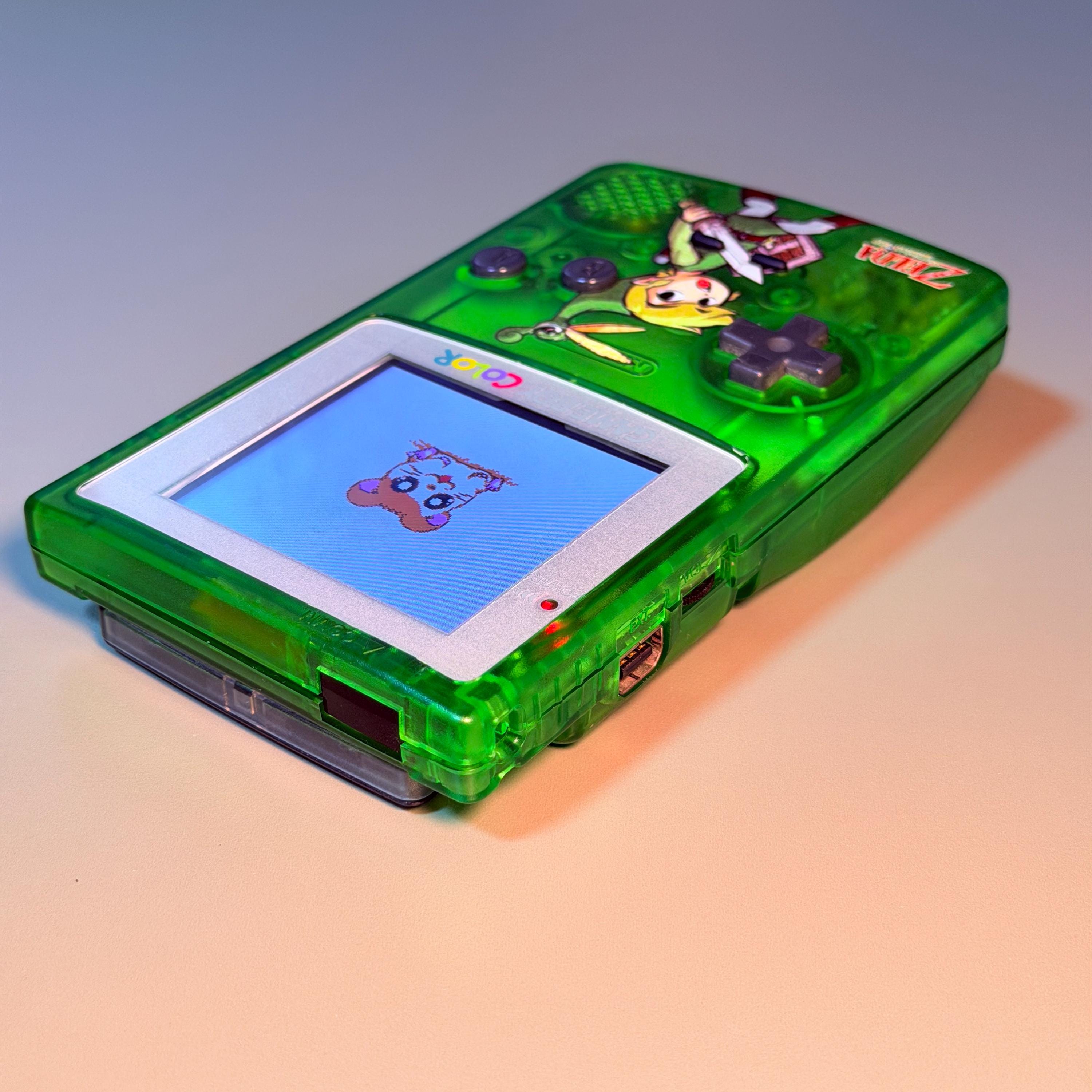 Game Boy Color Console | 2.6" IPS Display | Transparent Green Zelda Shell | Modded