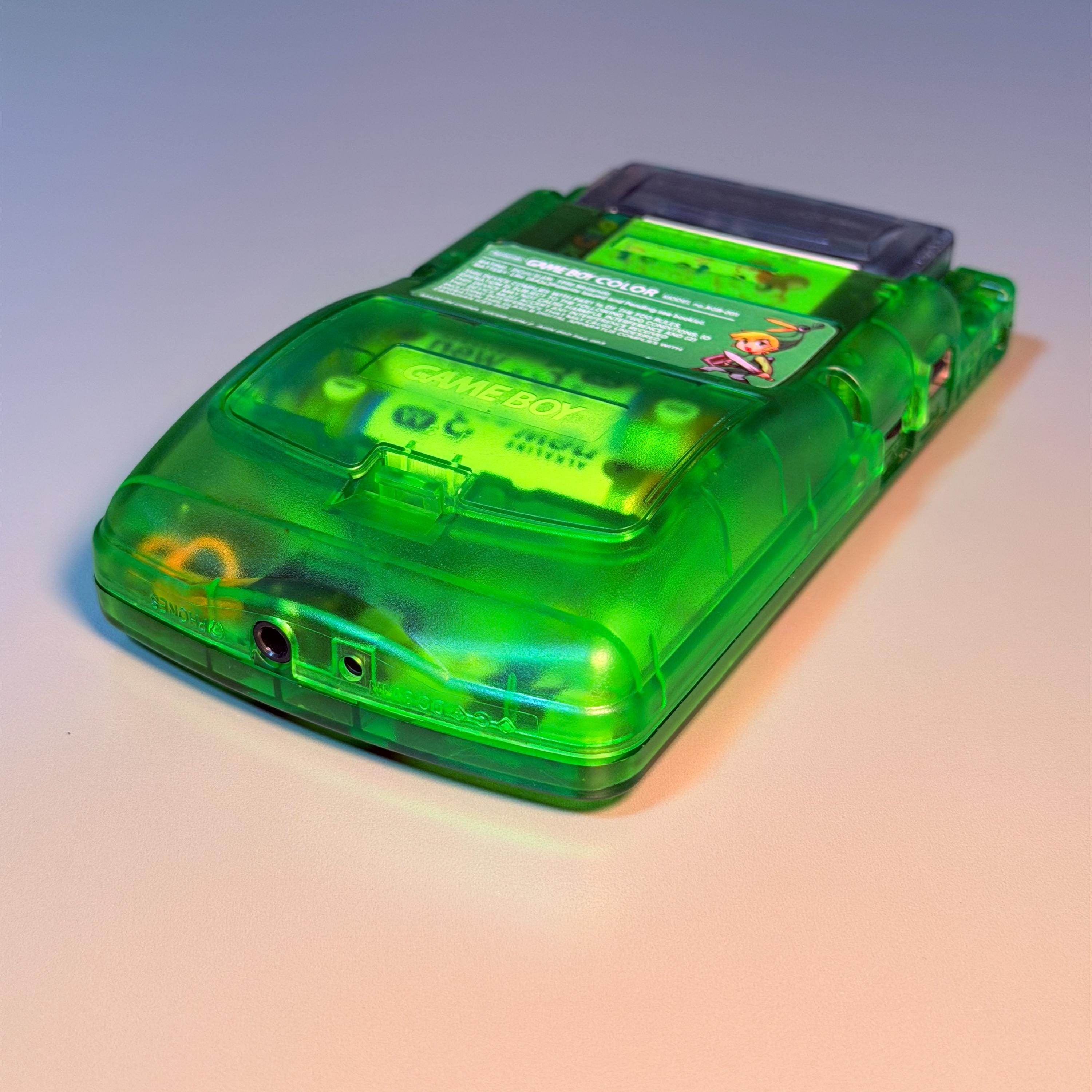 Game Boy Color Console | 2.6" IPS Display | Transparent Green Zelda Shell | Modded